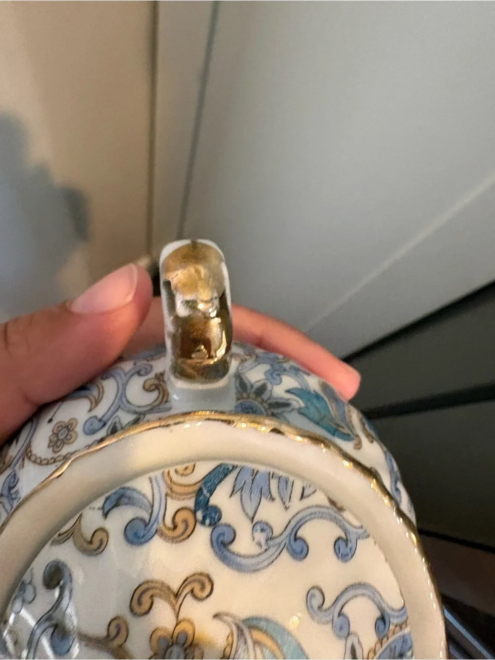 Vintage Lefton China 4-pc Set Blue Paisley Creamer & Sugar Bowl w/ Lid and S&P